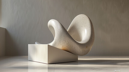 A surreal sculpture of a chock abstract shapes with white gray back ground