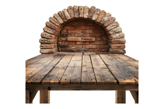 Wooden table top with brick isolated on transparent background