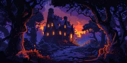 scary haunted house in the middle of a dark forest, Halloween backdrop(background), horror concept