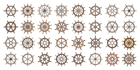 Wooden vintage steering wheels. Ship, sailboat or yacht retro wheel symbol. Brown nautical rudder icon. Marine logotype design element. Vector illustration
