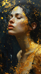 A Golden Painted Beautiful Woman Portrait Abstract Grunge Oil Painting On Blurry Background