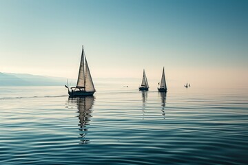 Fototapeta premium Sailboats cruising on the ocean, A group of sailboats drifting on a calm sea, AI generated