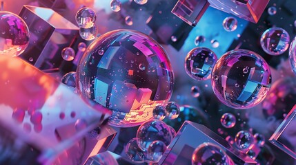 Abstract pattern featuring interconnected spheres and cubes in a futuristic technology concept - ideal for digital design, tech graphics, and modern backgrounds


