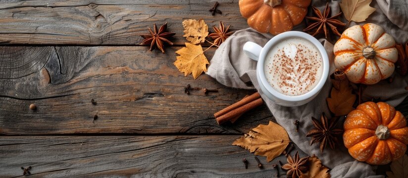 Autumn vibes with a pumpkin spiced latte in a white cup on a rustic wooden backdrop featuring pumpkins cinnamon and spices perfect for a copy space image