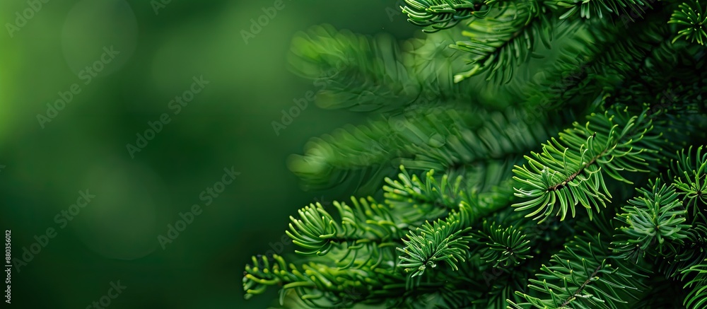 Poster close up view of macro coniferous branches on a blurred green background with soft focus providing c