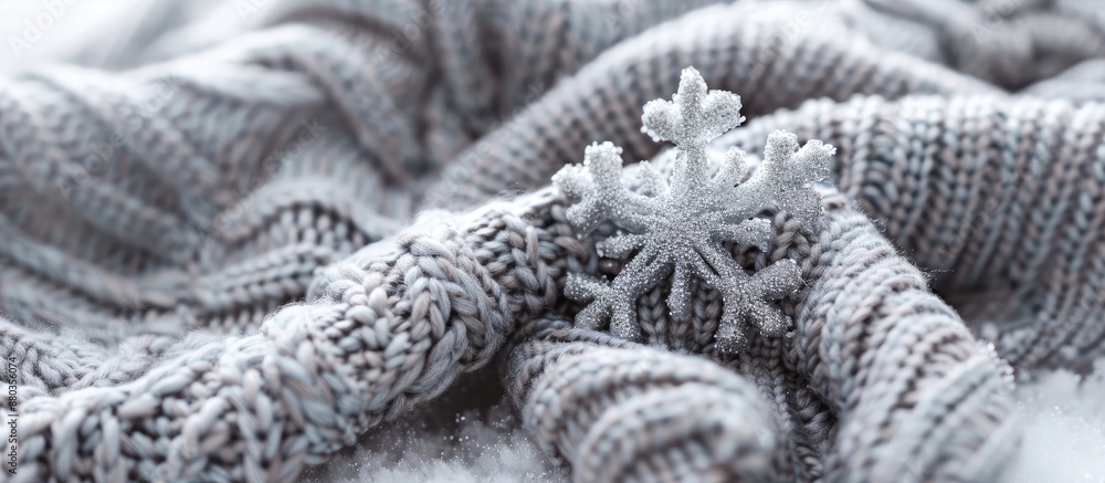 Poster cozy gray knitted sweaters with a snowflake on a white backdrop set up for winter in a horizontal cl