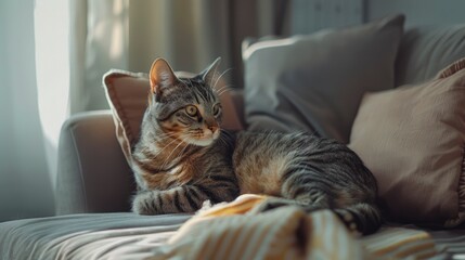 Beautiful short-haired cat sitting on a sofa at home, cozy living room with soft ambient lighting, peaceful and relaxed atmosphere