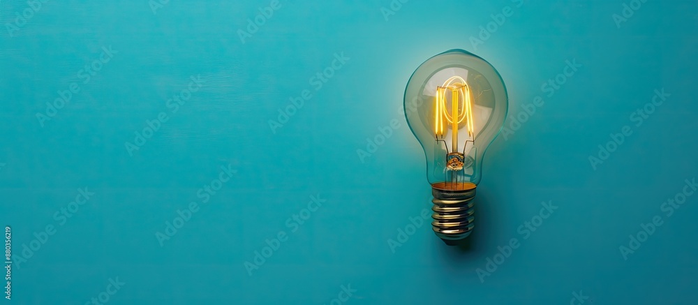 Poster flat lay featuring an edison lamp at the center of an isolated blue background with copy space image