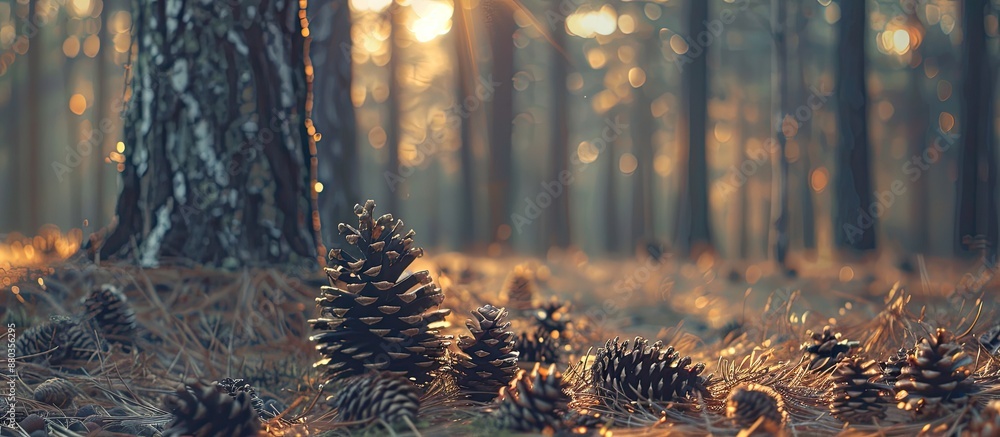 Poster pine tree in a forest at dusk with cones and needles scattered beneath perfect for a copy space imag