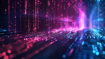 Abstract technology big data background with flowing binary code, digital network connections, and futuristic grid patterns in blue and black, ideal for data analysis, ai, machine learning, and cybers