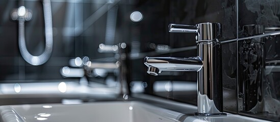 Bathroom interior showing chrome fittings and ceramic tiles in black and light tones with a copy space image