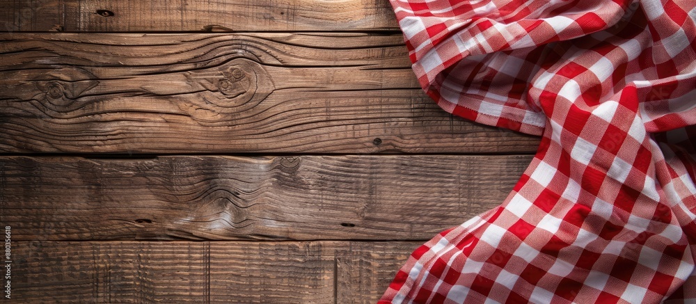 Poster top down view of a checkered tablecloth on a wooden table with ample copy space for text in the imag