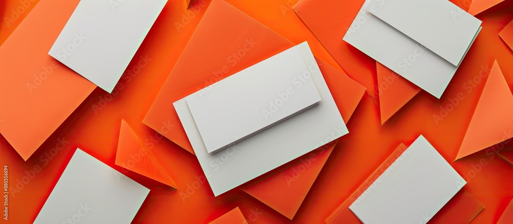 Poster white blank business cards placed horizontally against an orange paper backdrop in a mockup with spa
