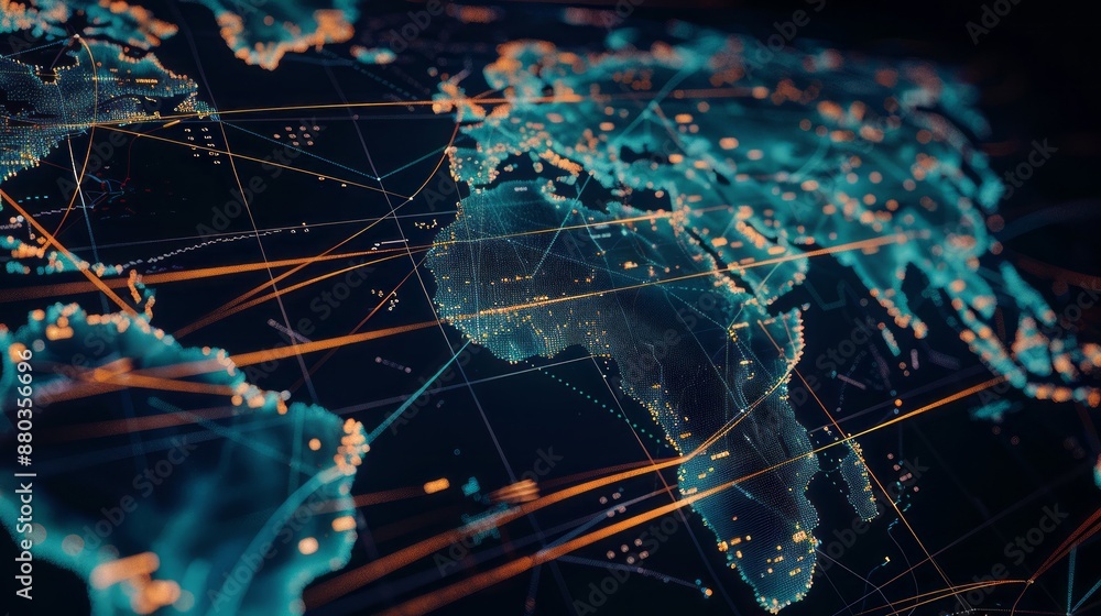 Poster abstract world map with global network and connectivity, international data transfer and cyber techn