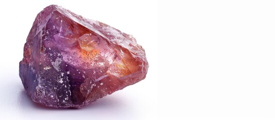 Obraz premium Close up of a rough unpolished semi precious gemstone on a white isolated background with space for text. Copy space image. Place for adding text and design