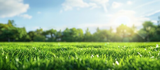 Spring landscape with a green grass background and ample copy space image basked in natural sunlight offering a panoramic view of the scenery