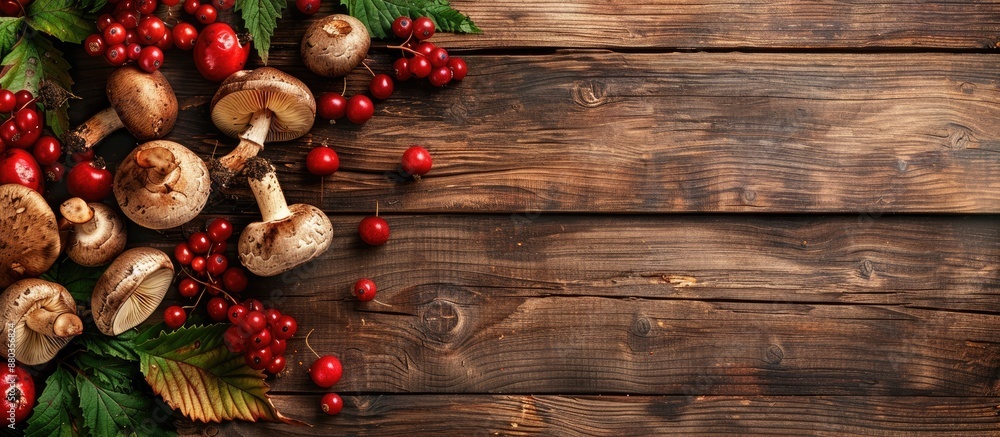 Poster a rustic wooden background displays forest wild mushrooms and berries in a close up top view with co
