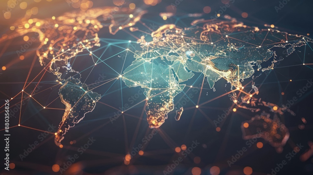 Poster abstract world map with global network and connectivity, international data transfer and cyber techn