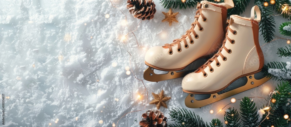 Poster festive greeting card featuring wooden skates on snowy backdrop with ample copy space image flat lay