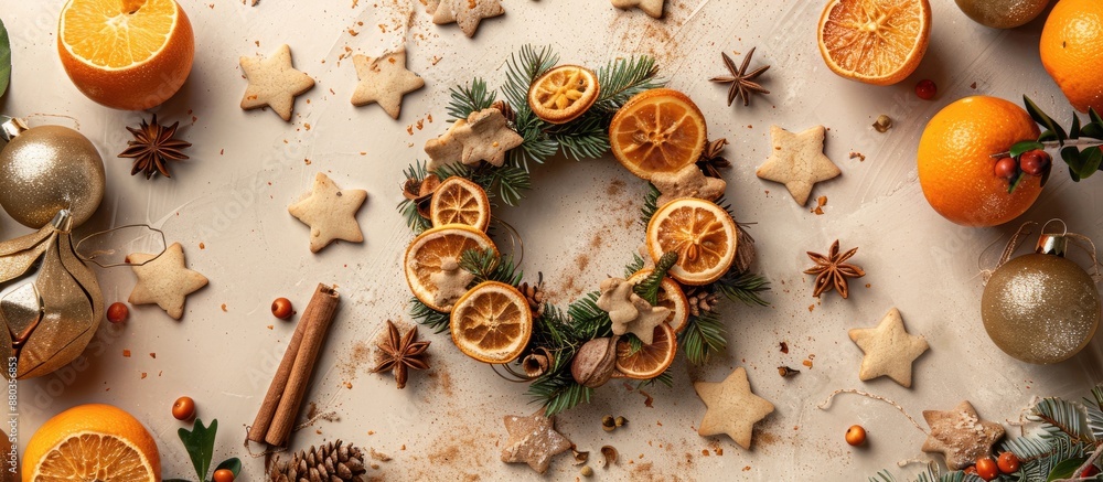 Poster christmas and new year holiday concept with a festive wreath made of cookies spices and tangerines p