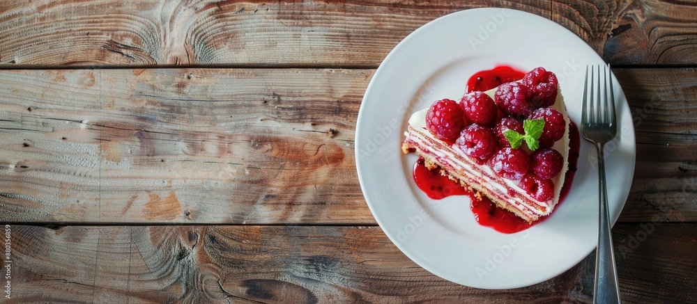 Poster a cake dessert with raspberry sauce on a plate rests on a rustic wooden table in a coffee shop with 