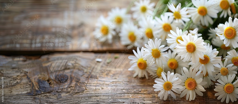 Poster chamomile daisies arranged beautifully on a wooden table backdrop perfect for adding text or other e
