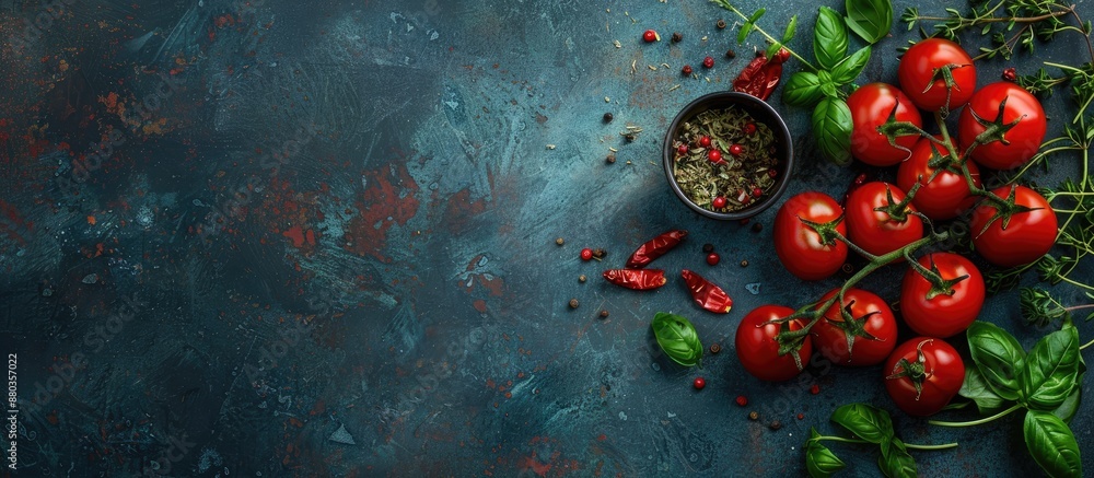 Poster a flat lay image of a cooking scene with cherry tomatoes various herbs and spices on the table with 