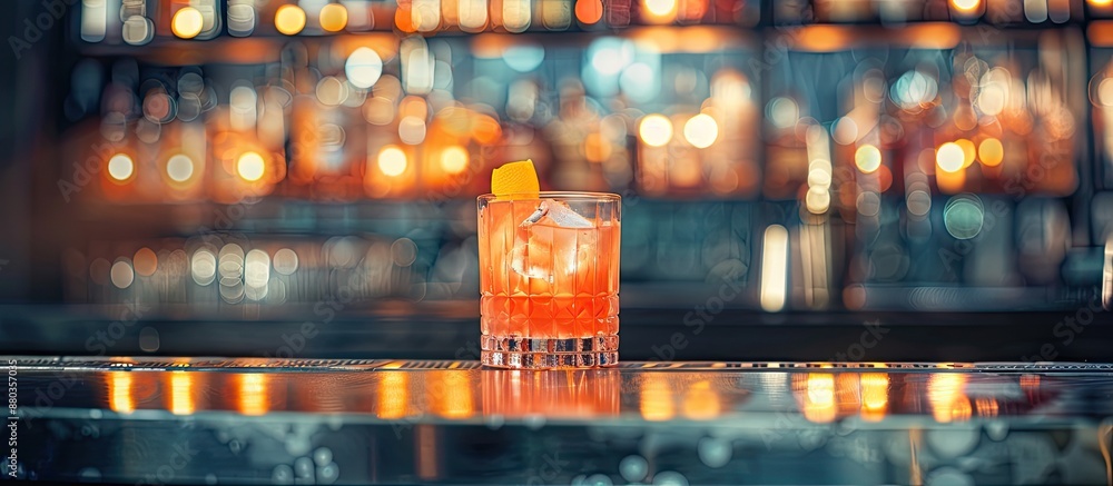 Poster a drink sits on the bar counter with a background of a clear space for adding text or other images a
