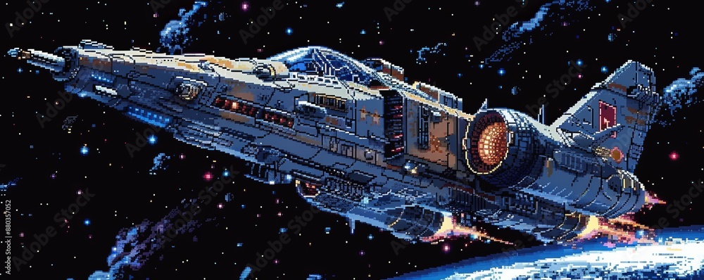 Poster a pixel art rendition of a futuristic spaceship soaring through the pixelated stars.