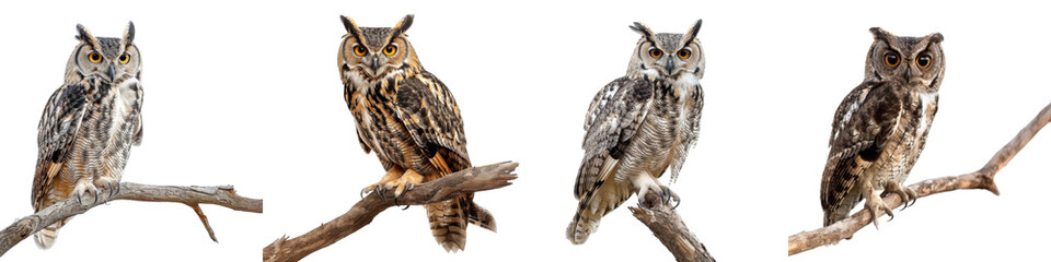 Collection of owls on a branch isolated on transparent or white background