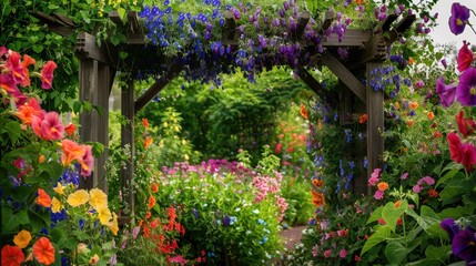 Naklejka premium A vibrant garden with a mix of flowering climbers like sweet peas and morning glories, a wooden archway covered in blooms.