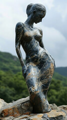 Fototapeta premium A Beautiful Girl Figure Stoneware Garden Sculpture On Blurred Background
