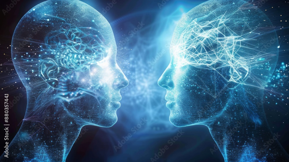 Poster artificial intelligence concept: neural network connection between two heads