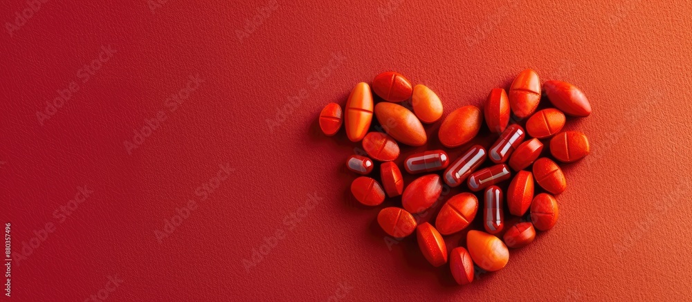 Poster heart shaped red orange pills in a capsule arrangement on a red surface photographed from above with