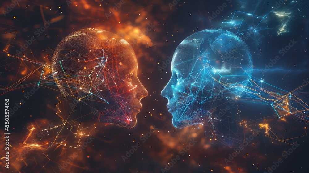 Poster artificial intelligence concept: neural network connection between two heads