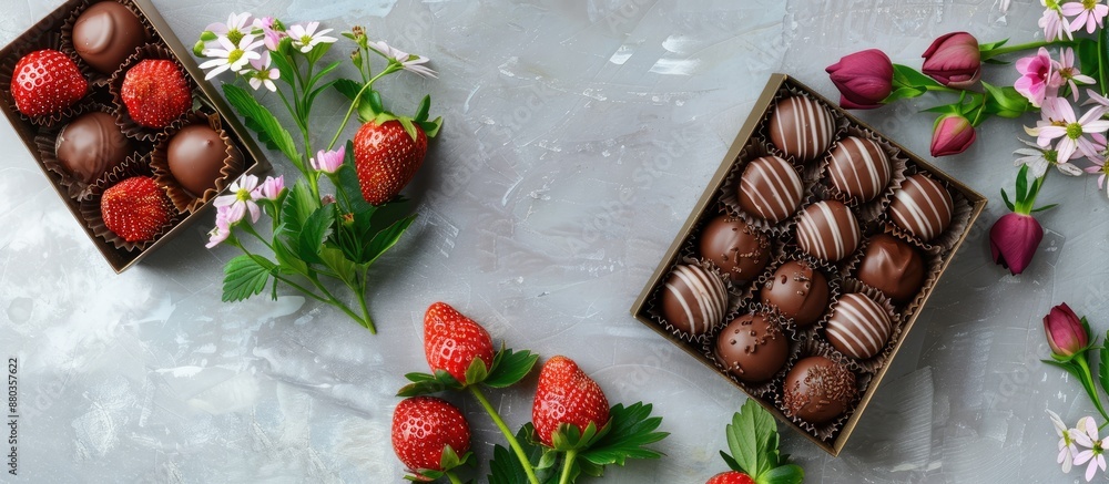 Poster a stunning arrangement of chocolate covered strawberries in a box accompanied by flowers displayed o