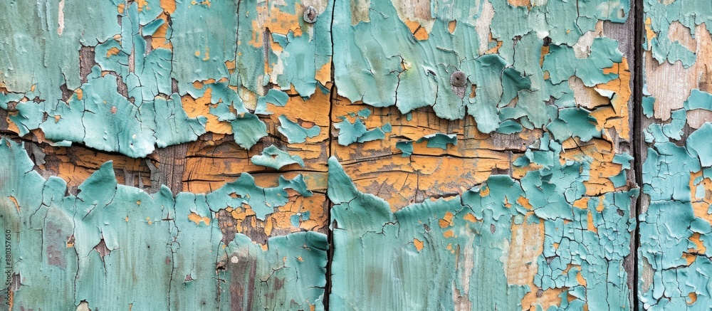 Poster close up photo of a rustic weathered wooden surface with peeling paint providing an abstract backgro