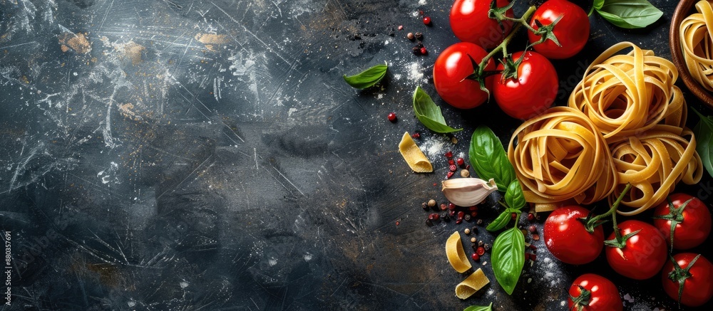 Poster italian cuisine ingredients for cooking include pasta tomatoes and basil with room for text and imag