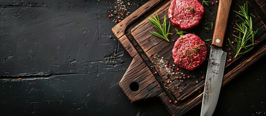 Top view of raw steak cutlets with minced beef rosemary on a wooden cutting board with a meat cleaver on a black wooden background allowing for a copy space image