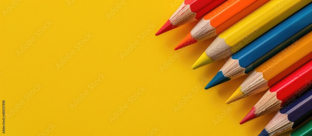 Poster Top view of colorful pencils on a yellow backdrop with space for adding images. Copy space image. Place for adding text and design