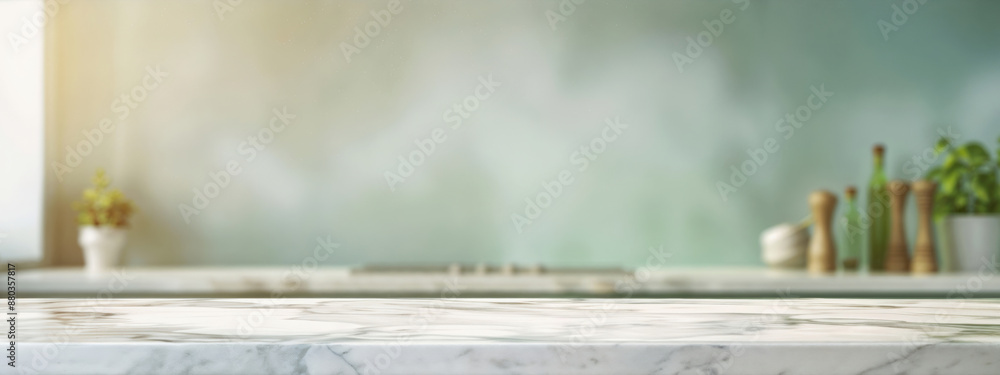 Aufkleber empty marble tabletop in a modern kitchen design with sunlight coming from the window in the backgro