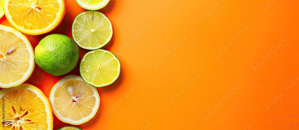 Poster top view of a fresh fruity and juicy fruit concept with freshly cut slices of lemons and limes on th