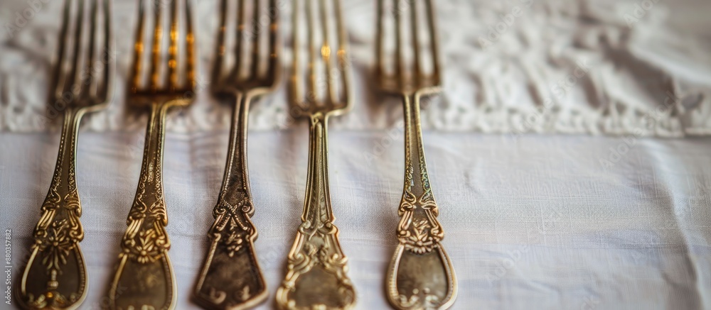 Poster vintage forks displayed on a table with a white tablecloth providing copy space in a horizontal imag