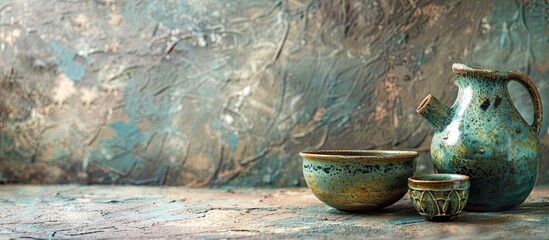 Fototapeta premium Clay pitcher bowl and two empty ceramic cups on a grunge background with copy space image
