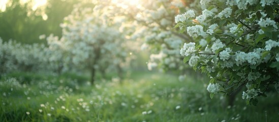Naklejka premium White flowered trees and shrubs in a spring garden with a blurred background for a copy space image