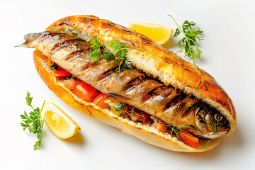 a sandwich with meat and vegetables on a white plate