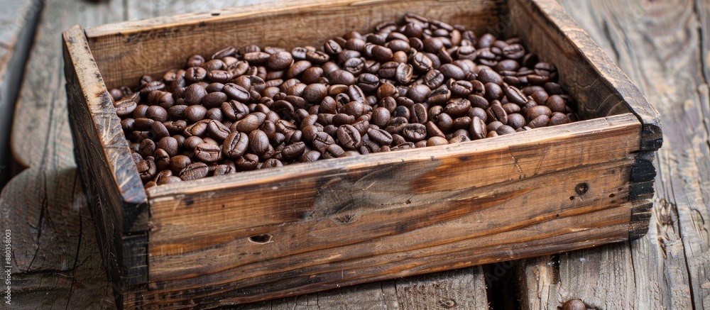 Poster a wooden container filled with roasted coffee beans displaying a heart shape includes copy space ima