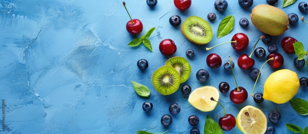 Poster studio photo of assorted fruits with kiwi cherries blueberries lemon and basil leaves on a blue back