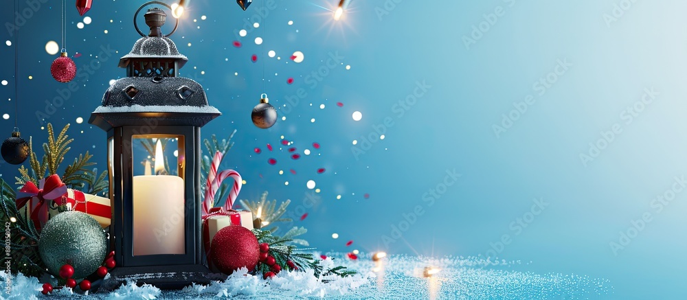 Poster festive christmas lantern adorned with candle ornaments presents and confetti on a serene blue backd