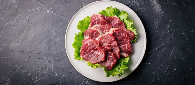 Fresh Korean karubi beef served on a white plate with lettuce perfect for a copy space image